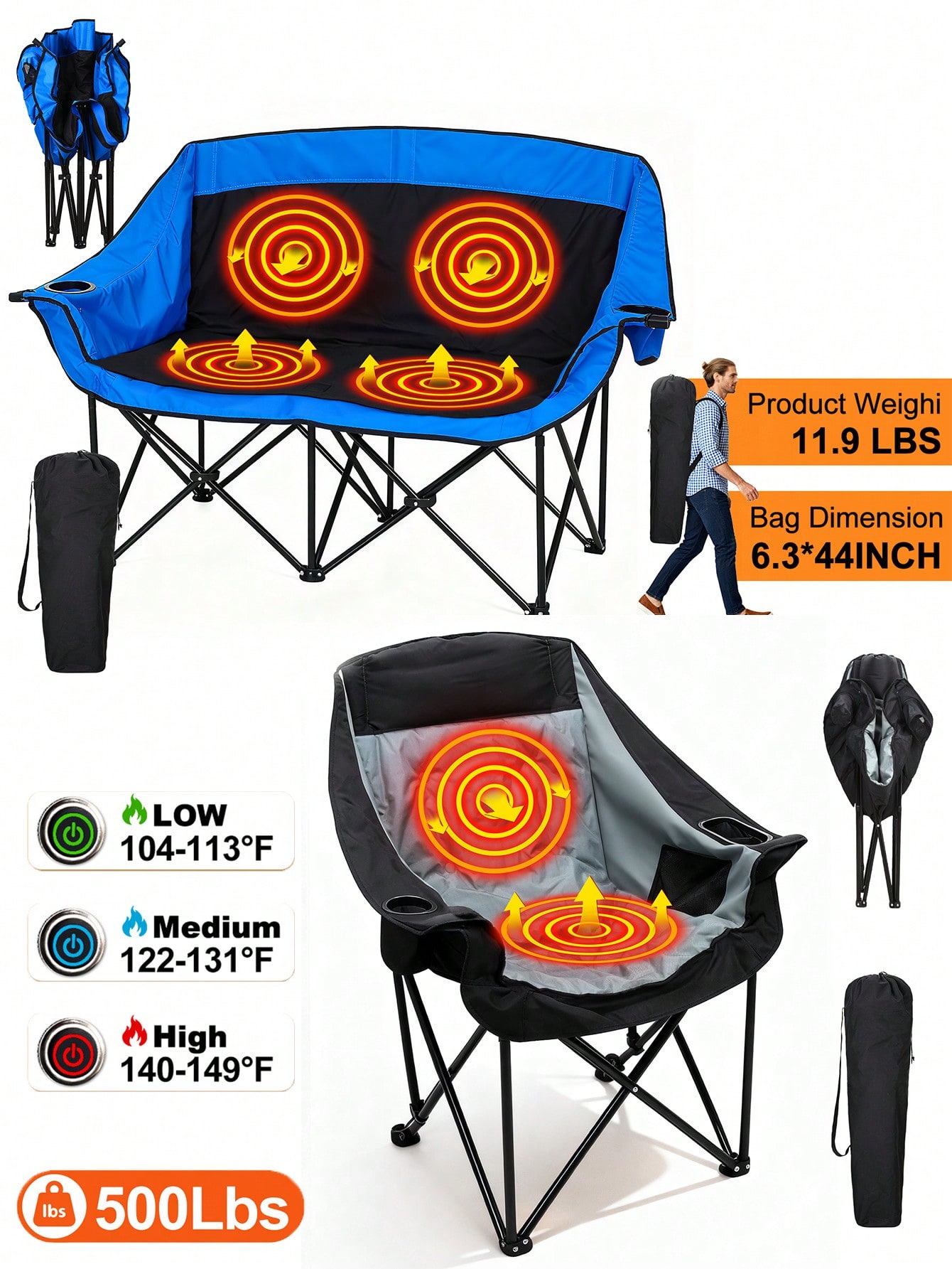 Outdoor Oversized Camping Chair - Heated Double Camping Chair Heated Folding